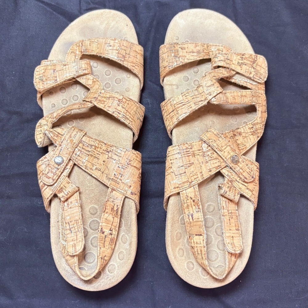 Vionic Amber Cork Strappy Adjustable Sandals Womens 10 Tan Orthotic Comfort